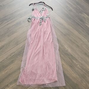 NWOT Elegant Pink Chiffon Dress with Floral Accents, Size MEDIUM